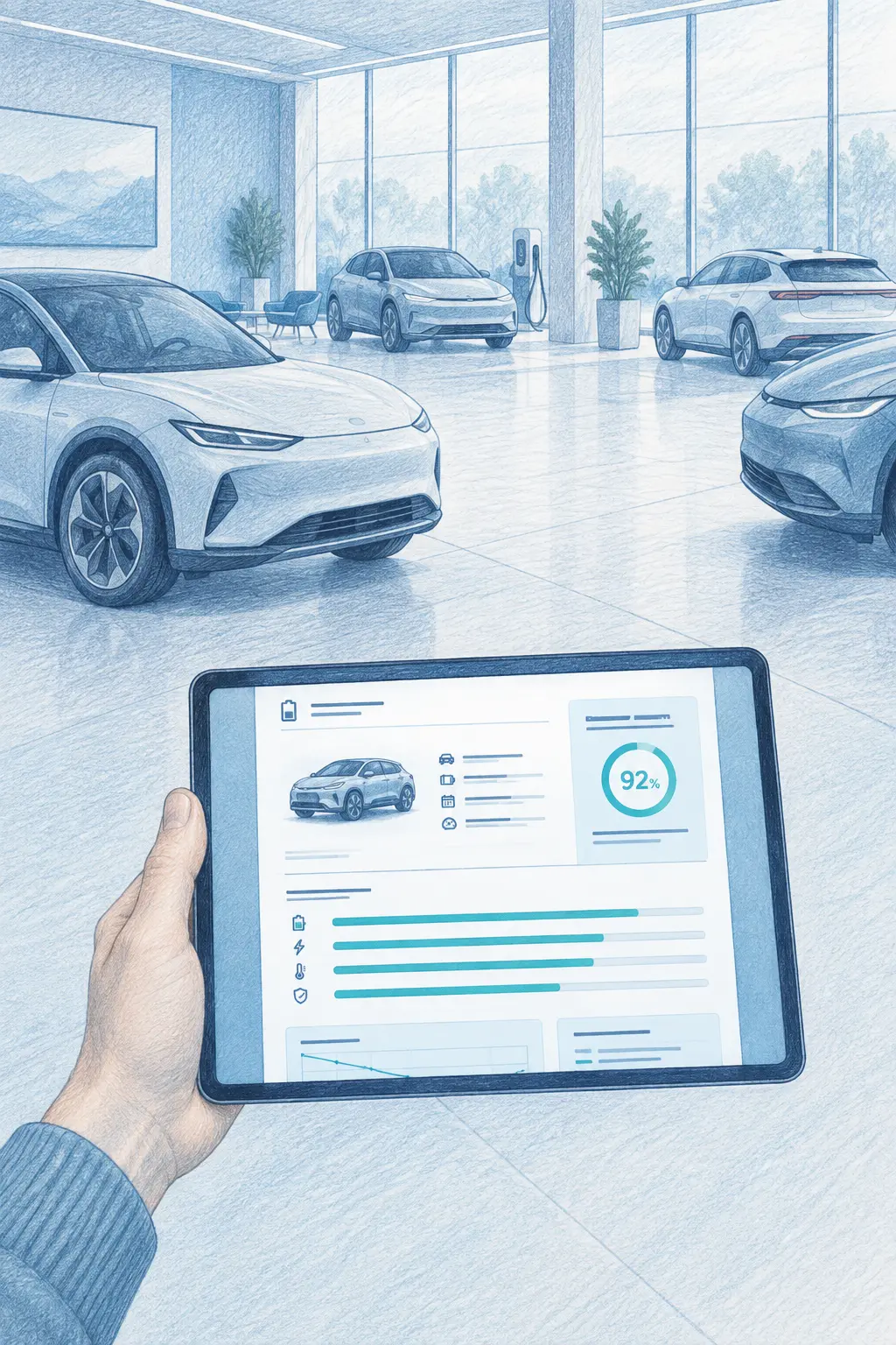 A used-EV buyer reviewing vehicle-specific battery information on a tablet in a showroom